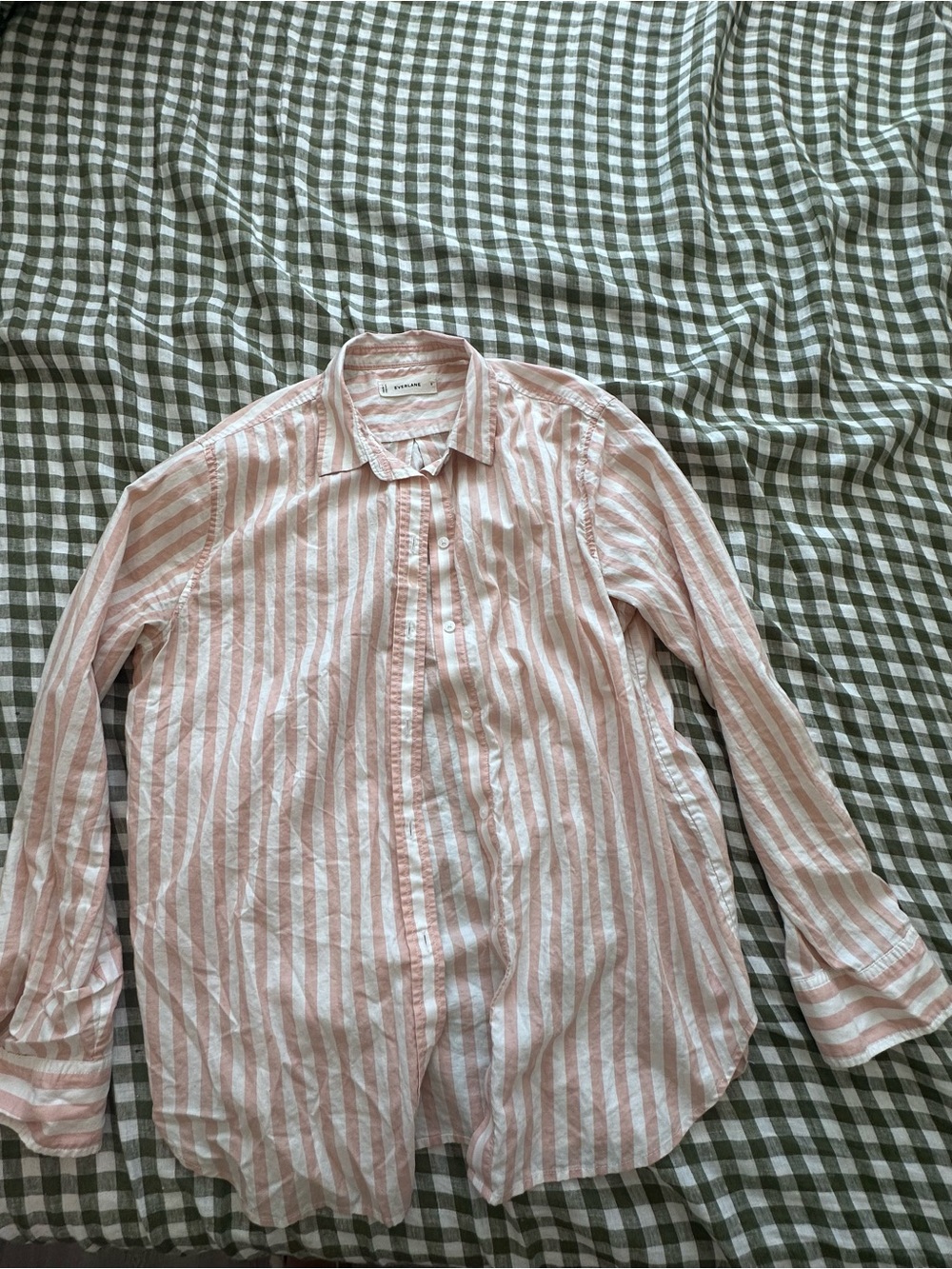 Everlane Pink and White Vertical Stripe Button-Down Shirt